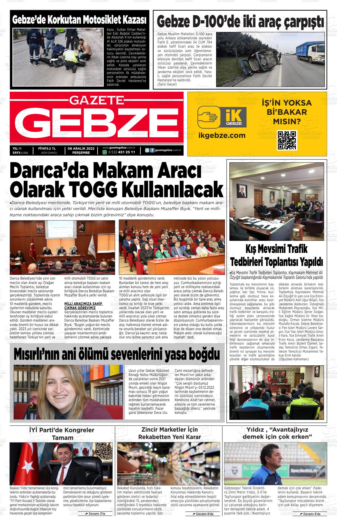 08 Aralık 2022 Gebze Gazete Manşeti