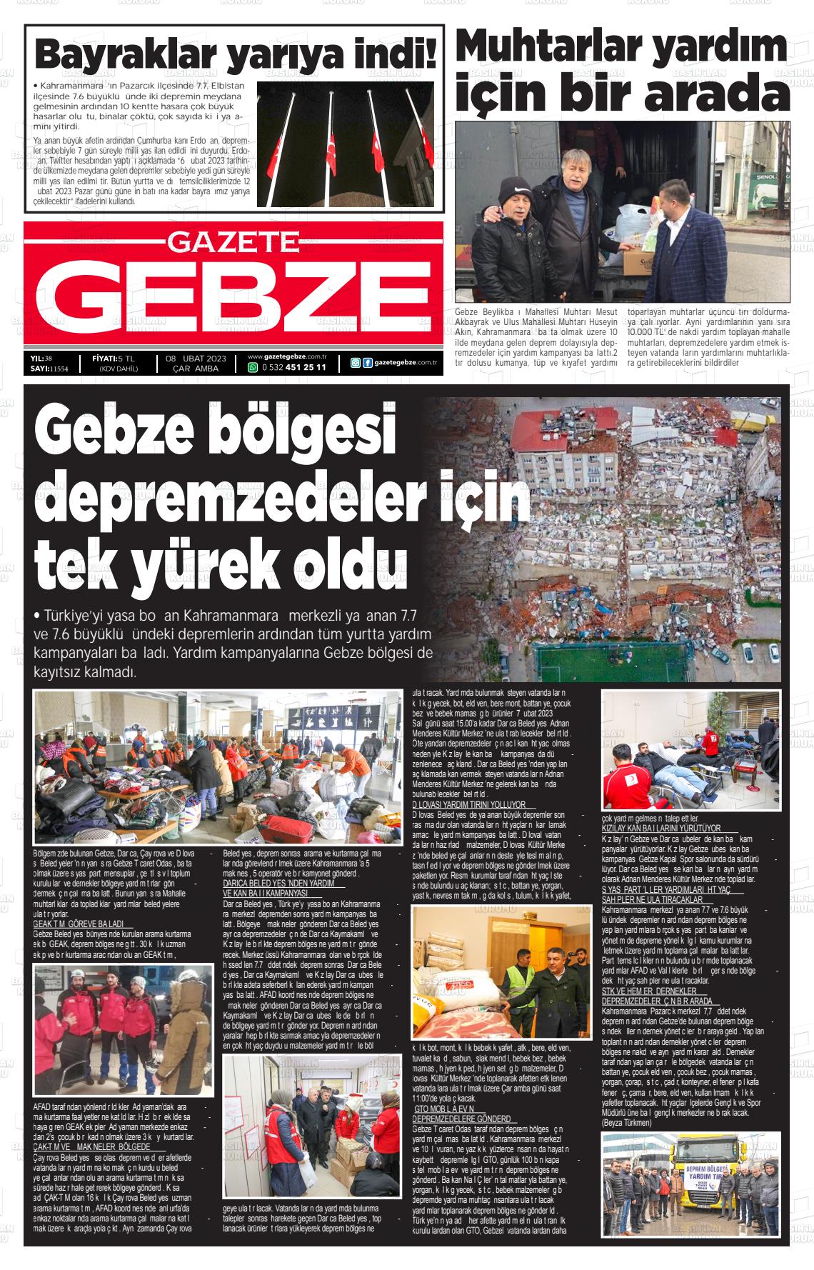 08 Şubat 2023 Gebze Gazete Manşeti