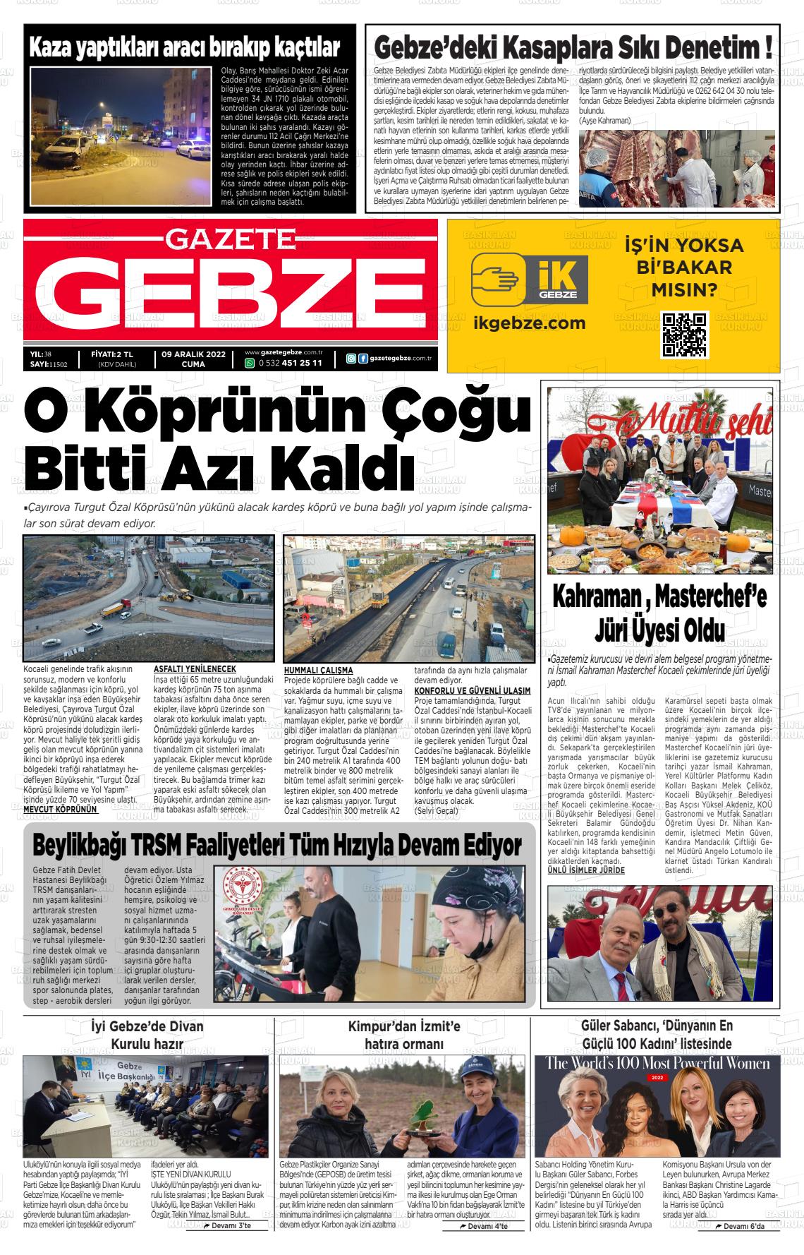 09 Aralık 2022 Gebze Gazete Manşeti