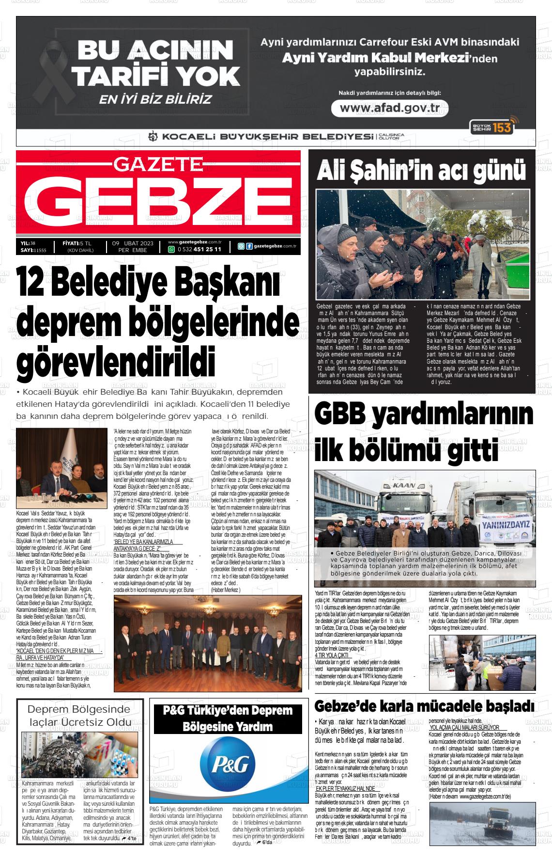 09 Şubat 2023 Gebze Gazete Manşeti