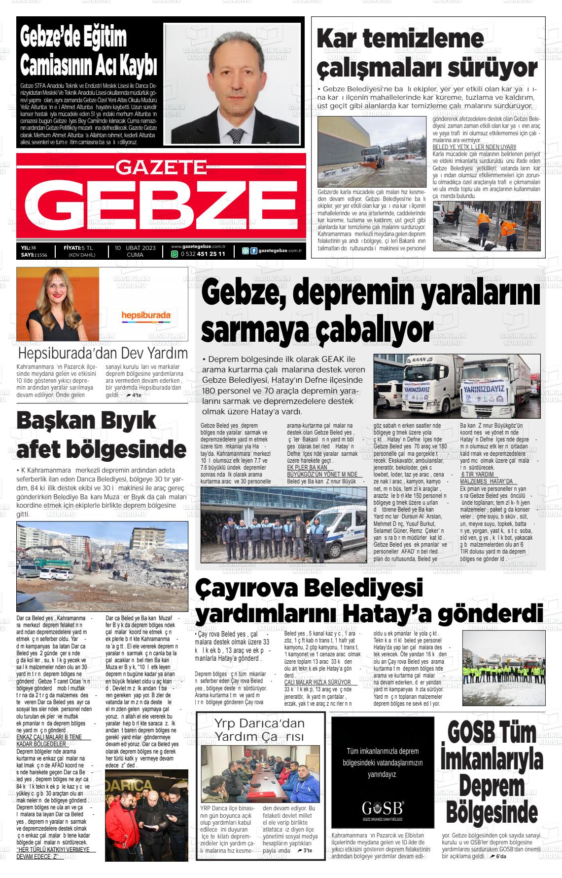 10 Şubat 2023 Gebze Gazete Manşeti