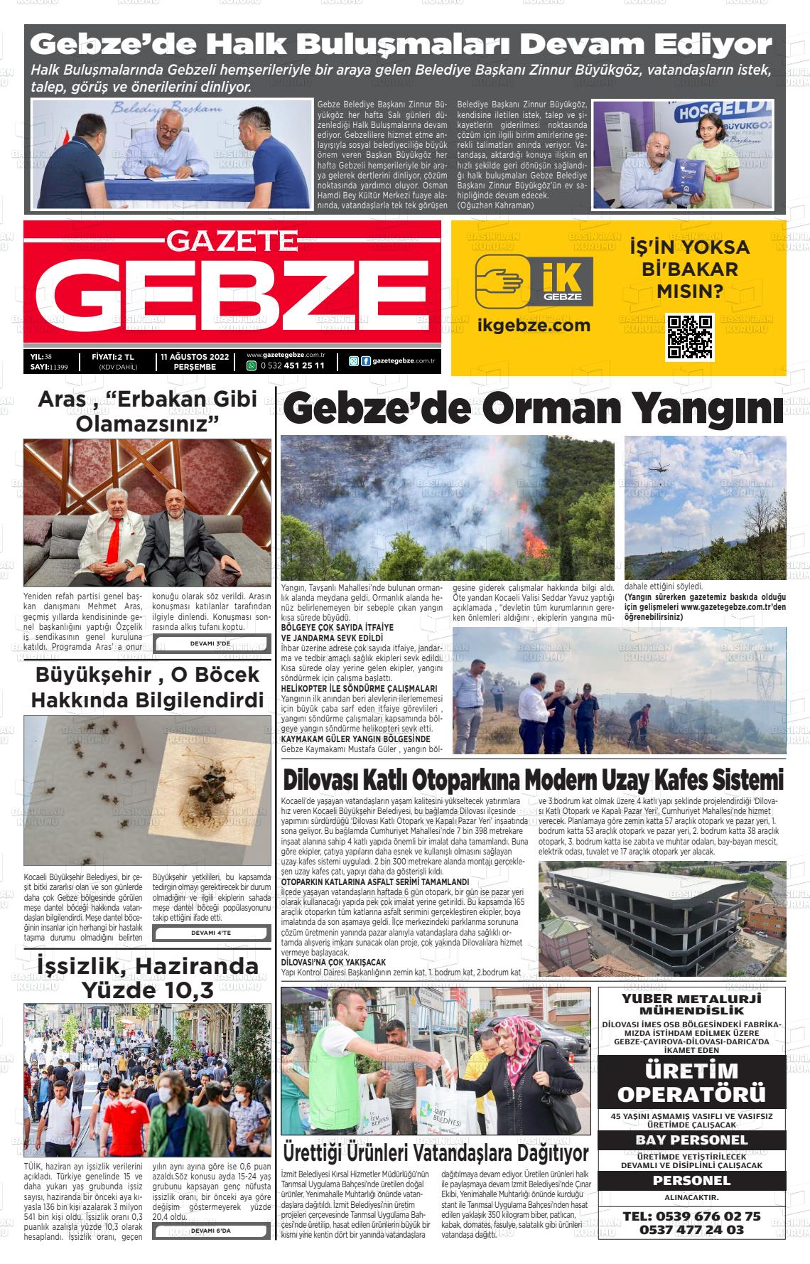 11 Ağustos 2022 Gebze Gazete Manşeti