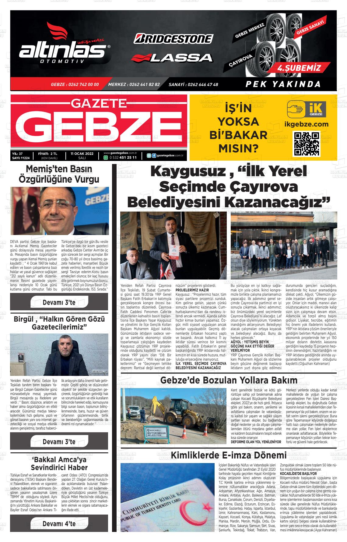 11 Ocak 2022 Gebze Gazete Manşeti