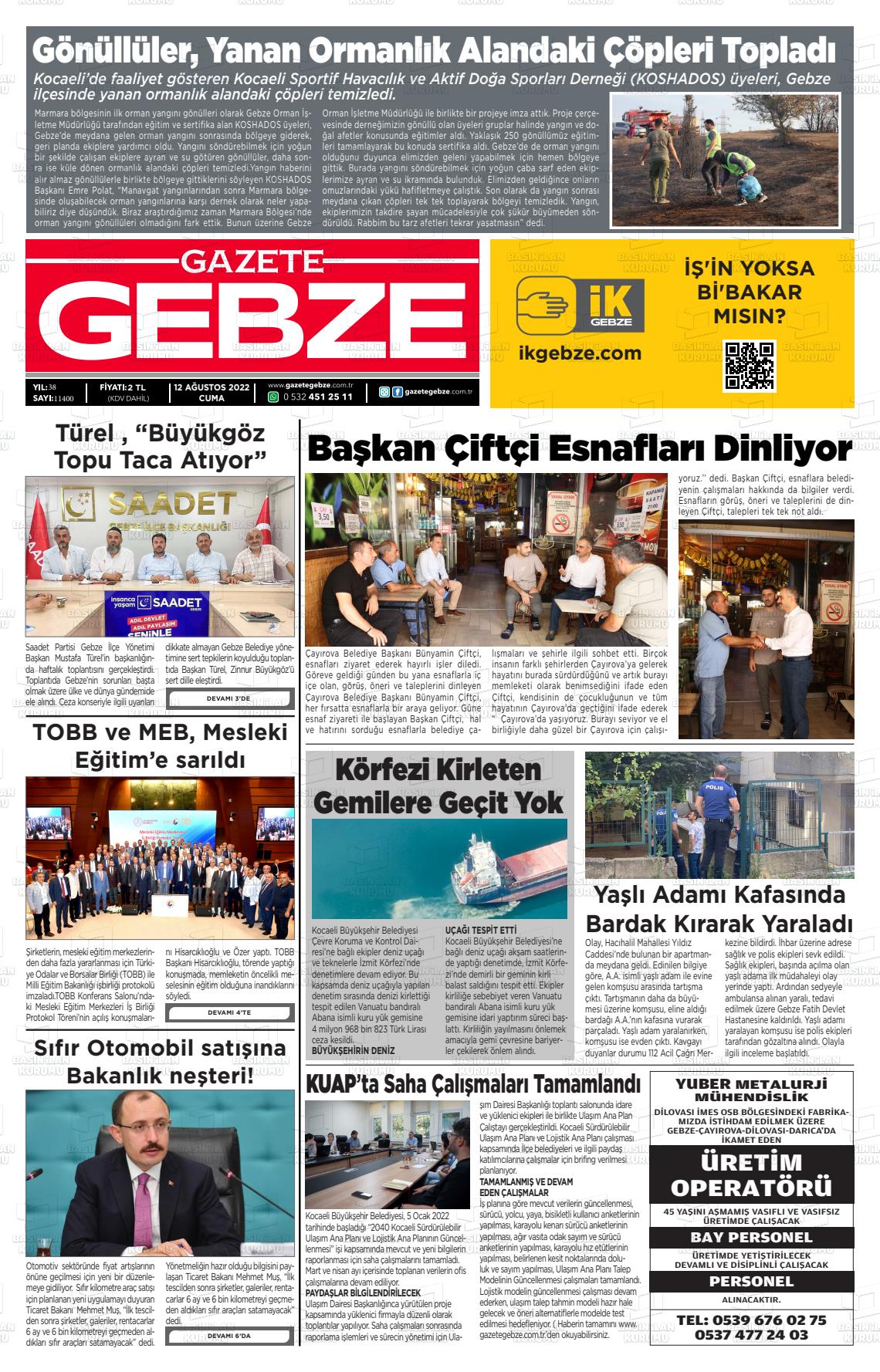 12 Ağustos 2022 Gebze Gazete Manşeti