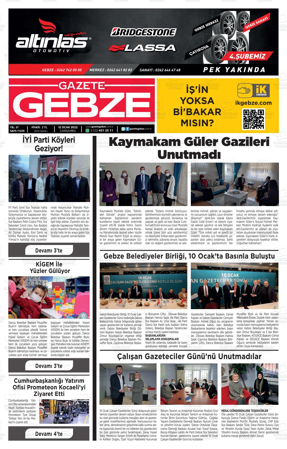 12 Ocak 2022 Gebze Gazete Manşeti