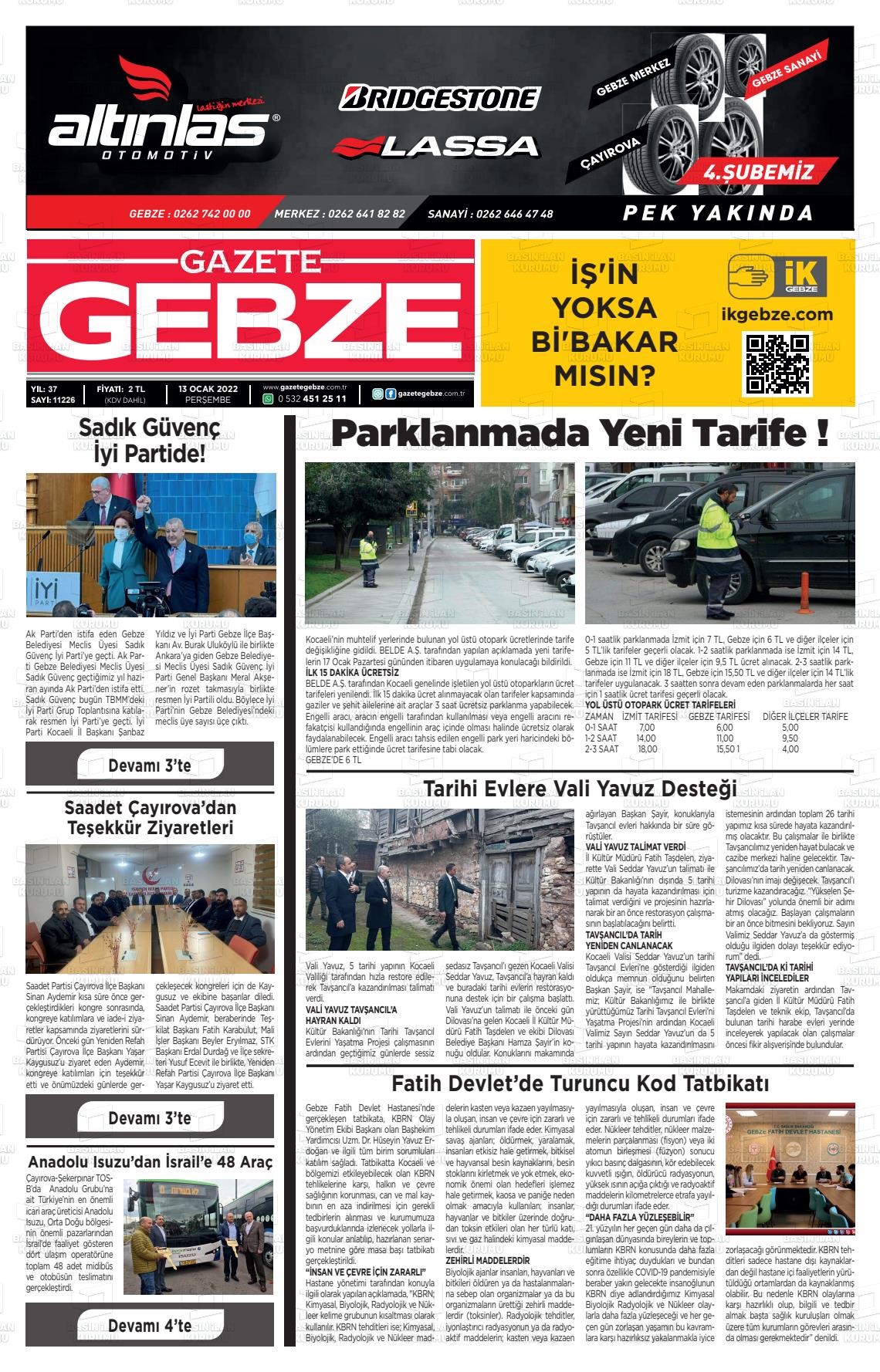 13 Ocak 2022 Gebze Gazete Manşeti