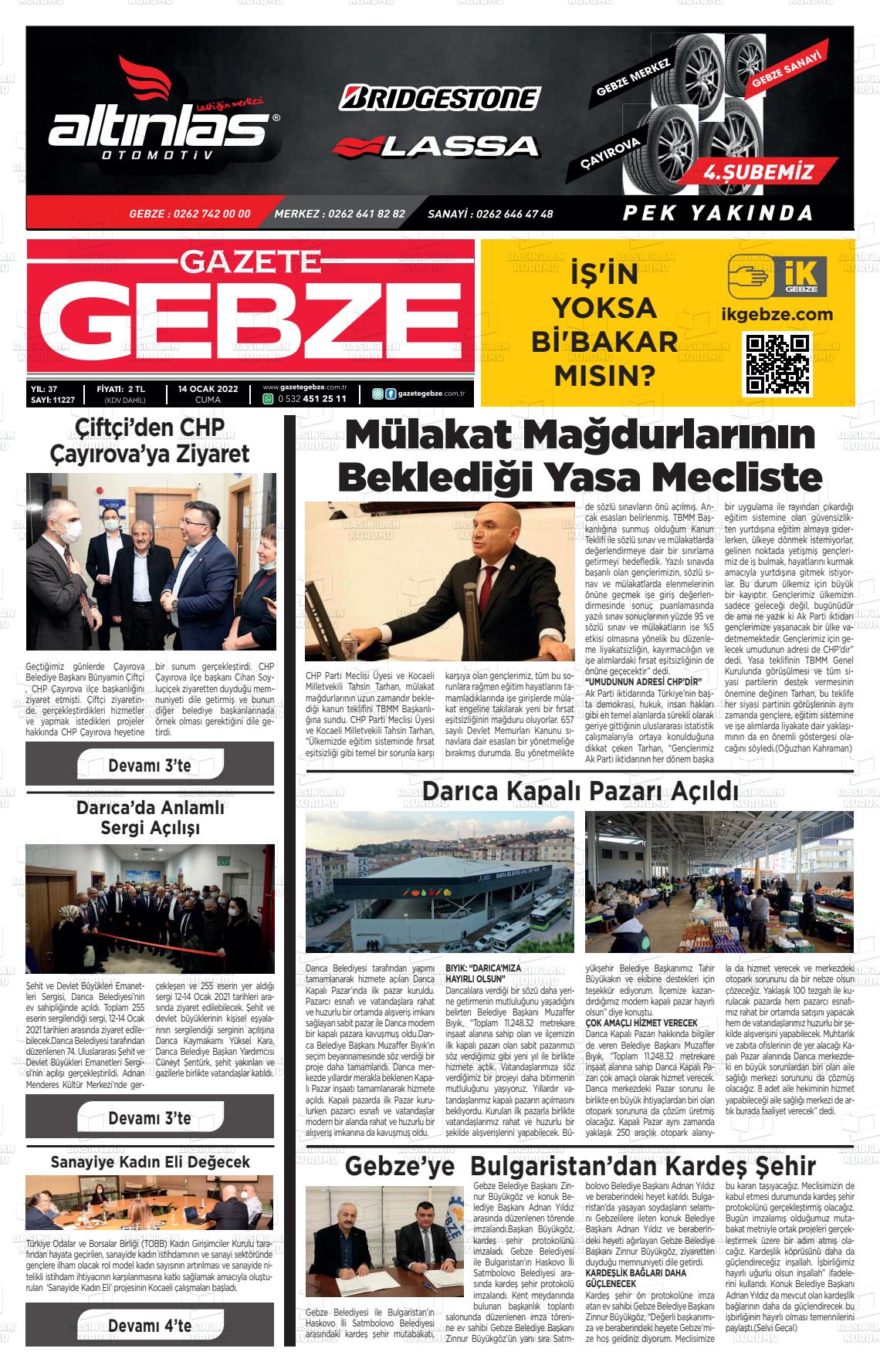 14 Ocak 2022 Gebze Gazete Manşeti