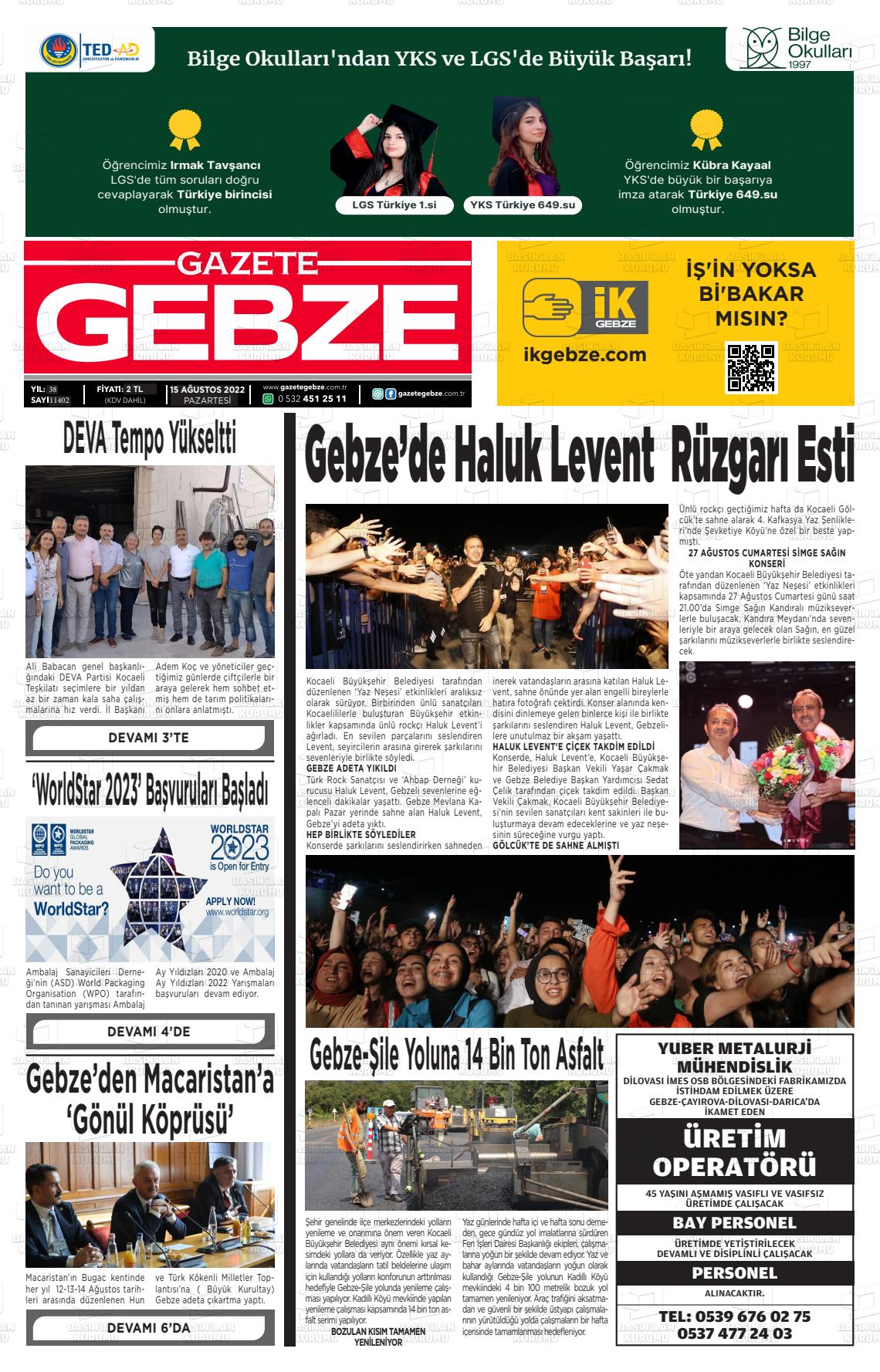 15 Ağustos 2022 Gebze Gazete Manşeti