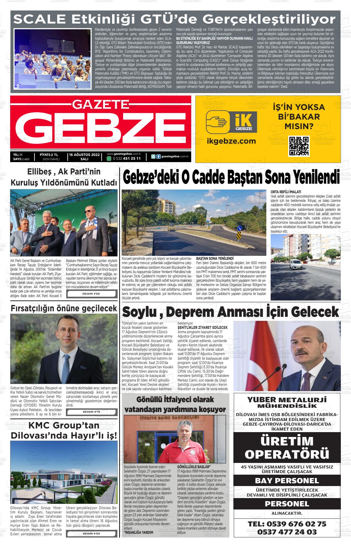 16 Ağustos 2022 Gebze Gazete Manşeti