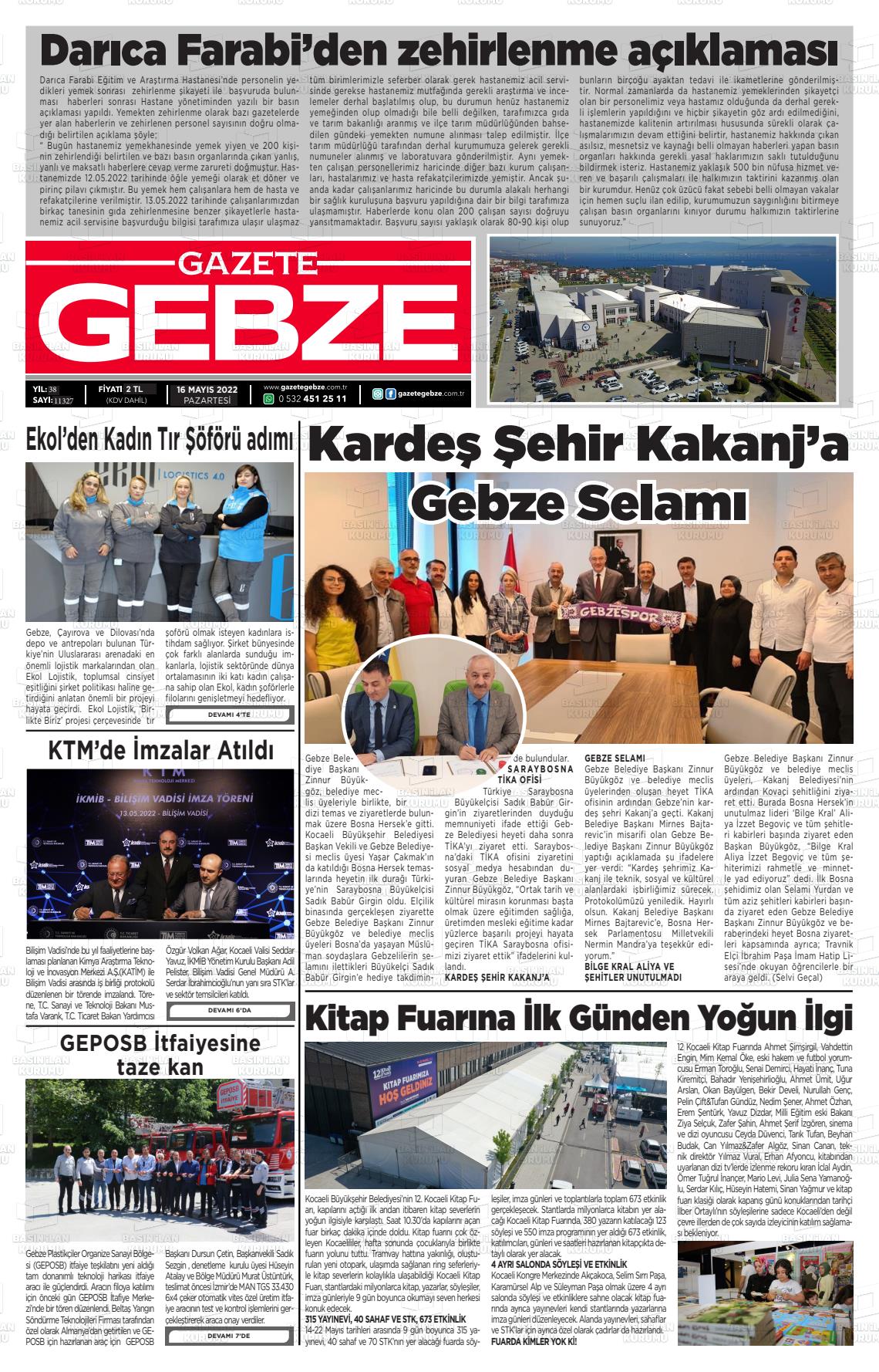 16 Mayıs 2022 Gebze Gazete Manşeti