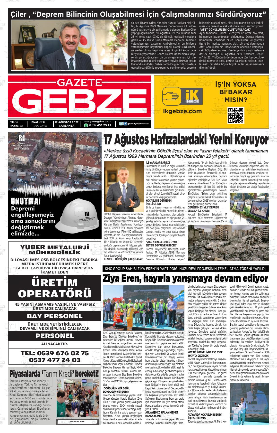 17 Ağustos 2022 Gebze Gazete Manşeti