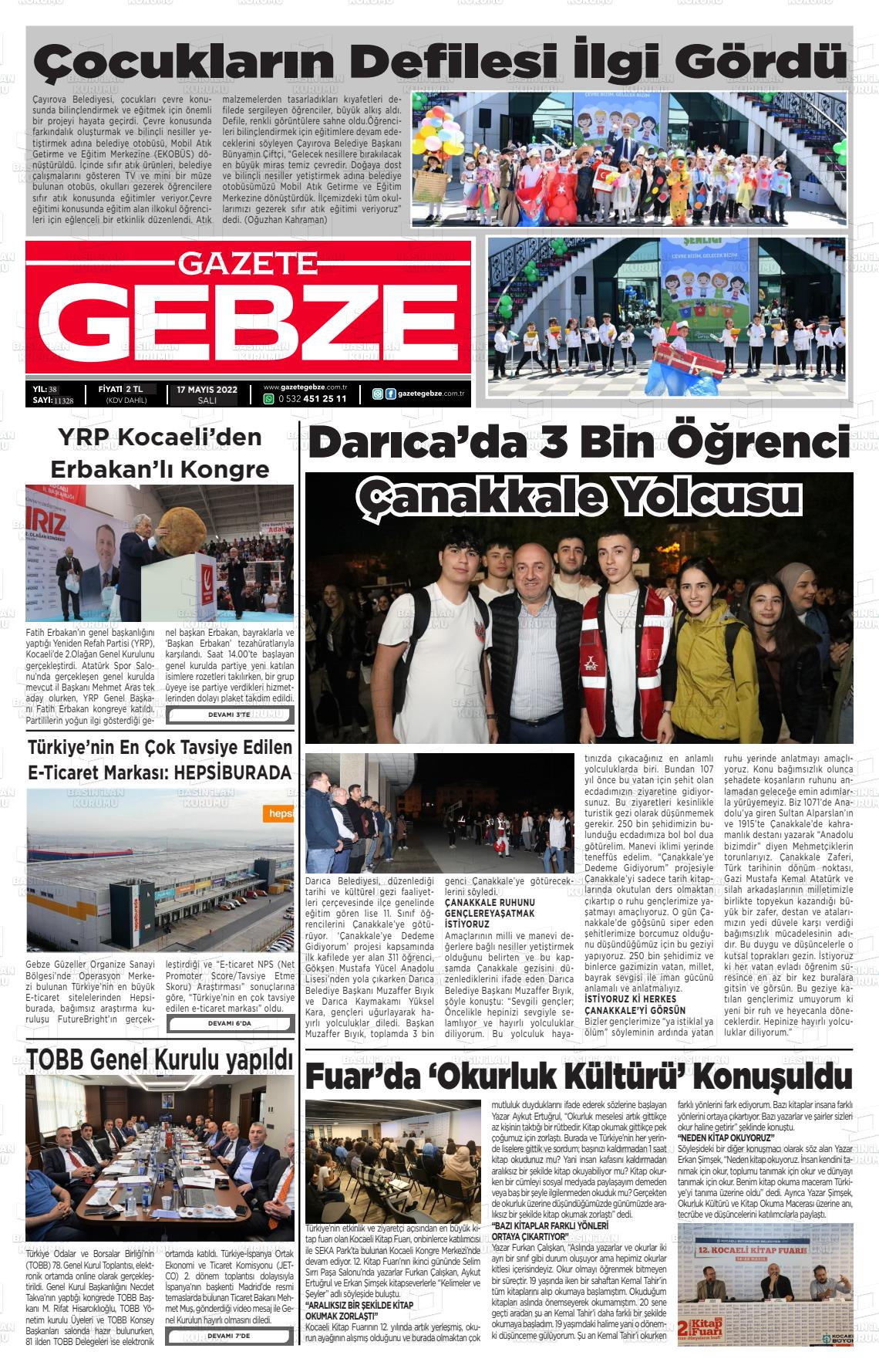 17 Mayıs 2022 Gebze Gazete Manşeti