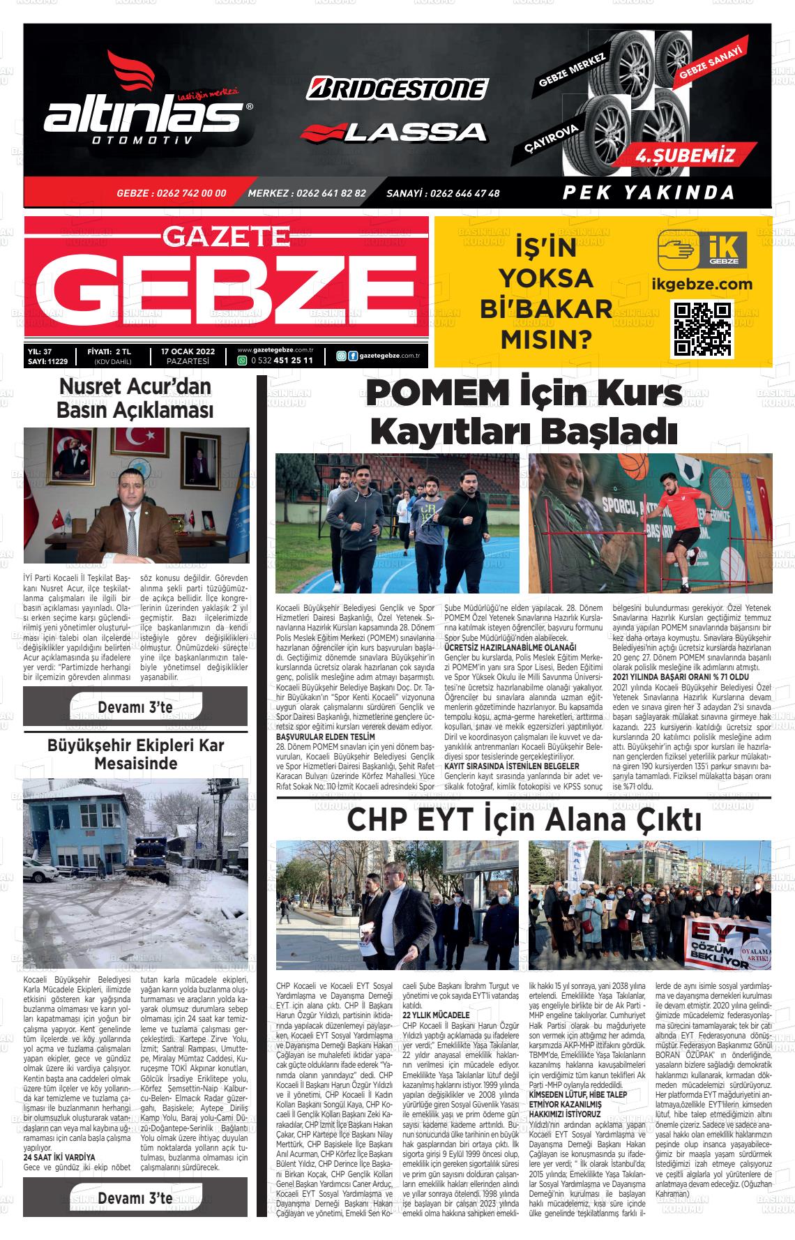 17 Ocak 2022 Gebze Gazete Manşeti