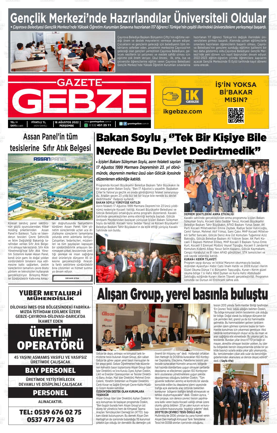 18 Ağustos 2022 Gebze Gazete Manşeti