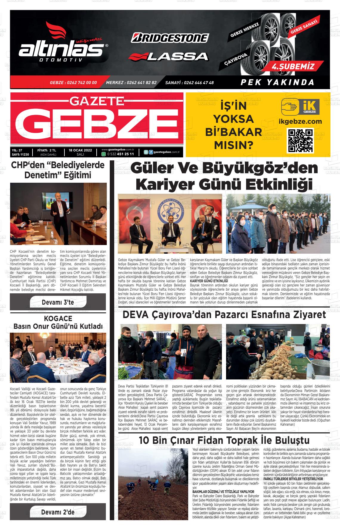 18 Ocak 2022 Gebze Gazete Manşeti