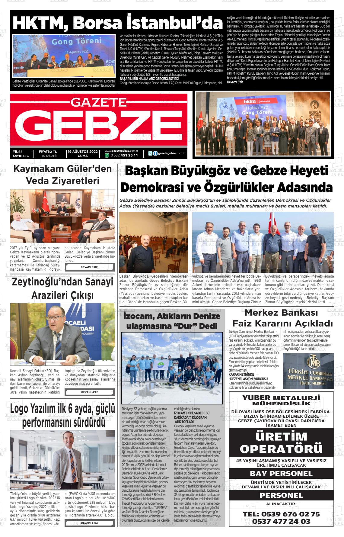 19 Ağustos 2022 Gebze Gazete Manşeti