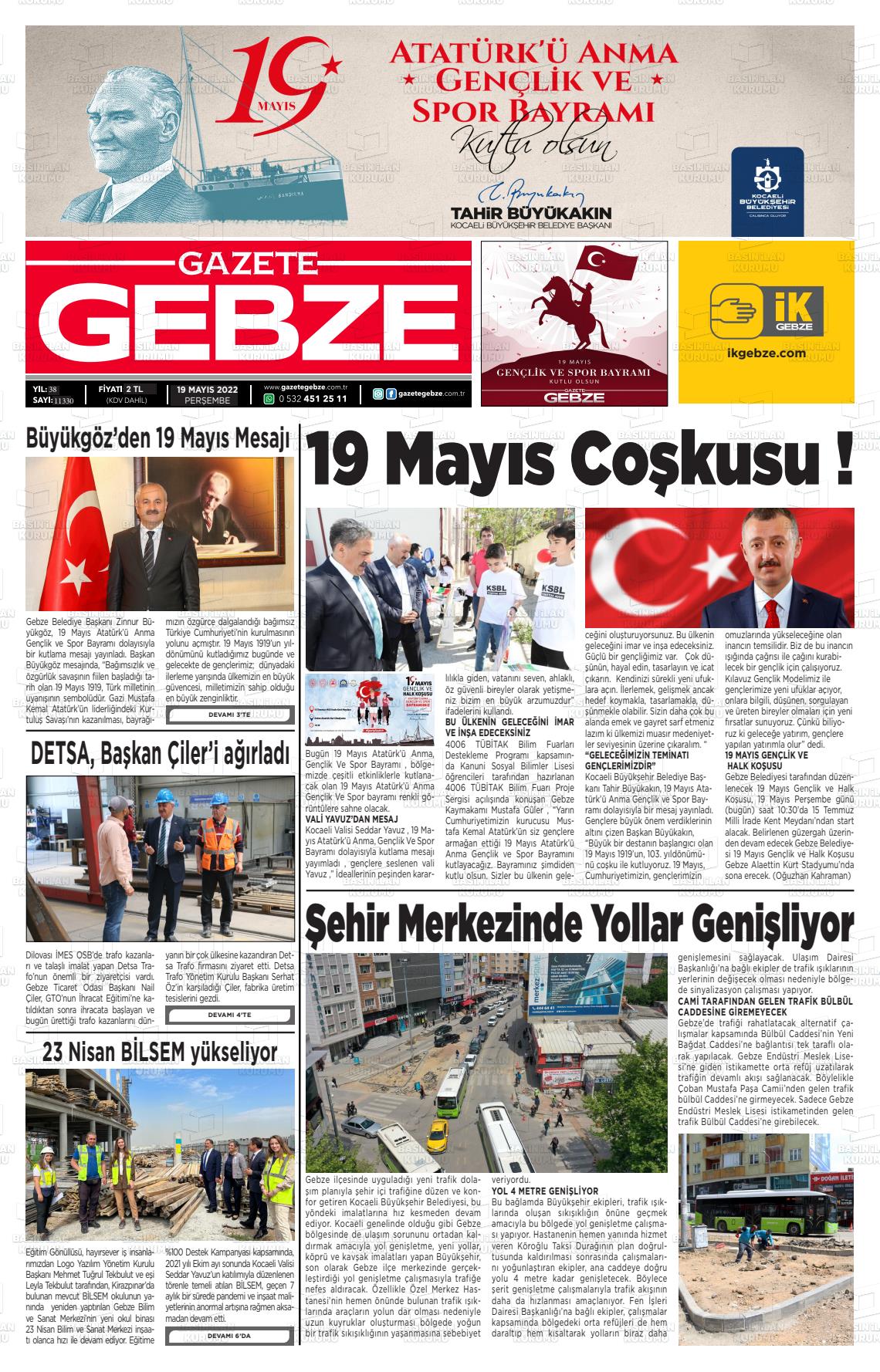 19 Mayıs 2022 Gebze Gazete Manşeti