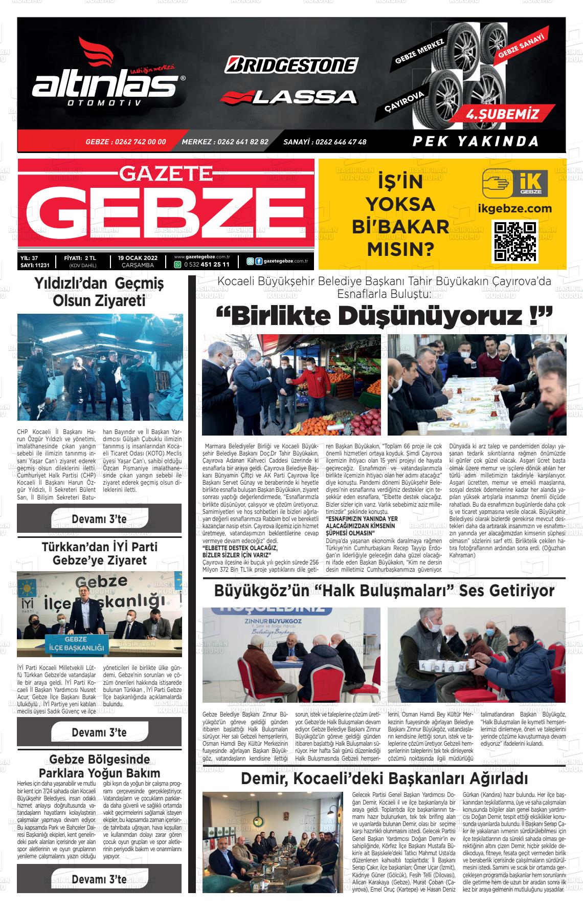 19 Ocak 2022 Gebze Gazete Manşeti