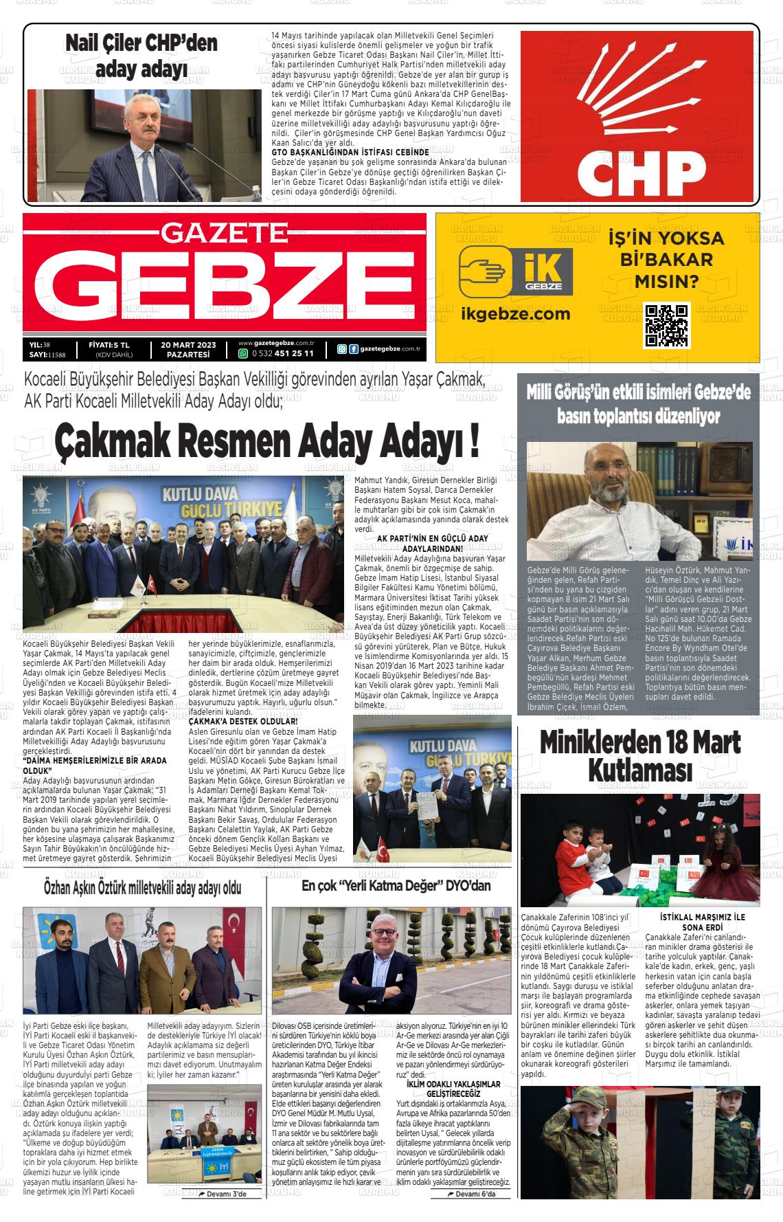 20 Mart 2023 Gebze Gazete Manşeti