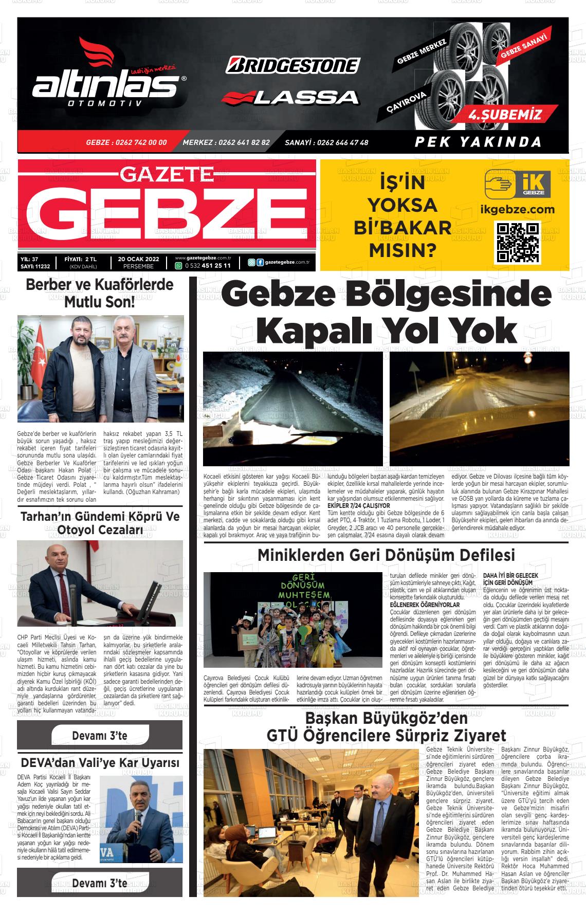 20 Ocak 2022 Gebze Gazete Manşeti