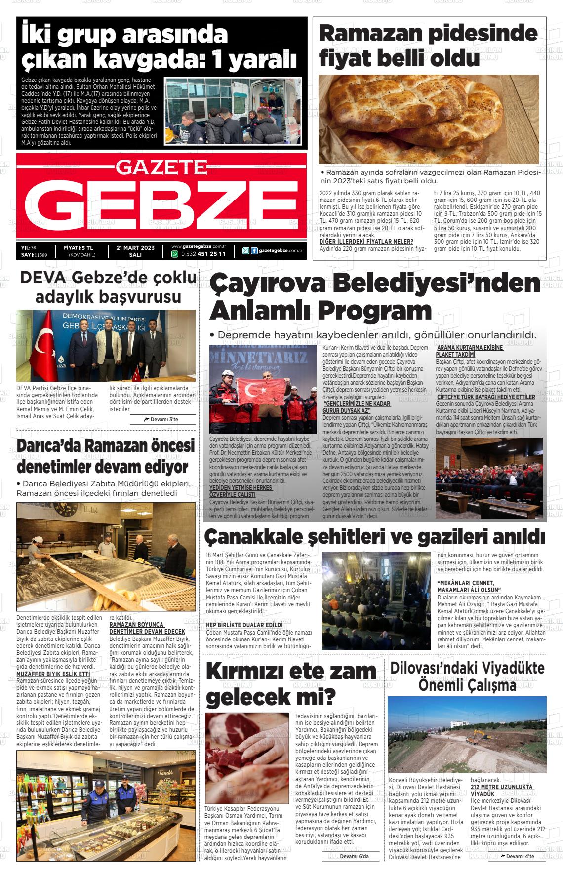 21 Mart 2023 Gebze Gazete Manşeti