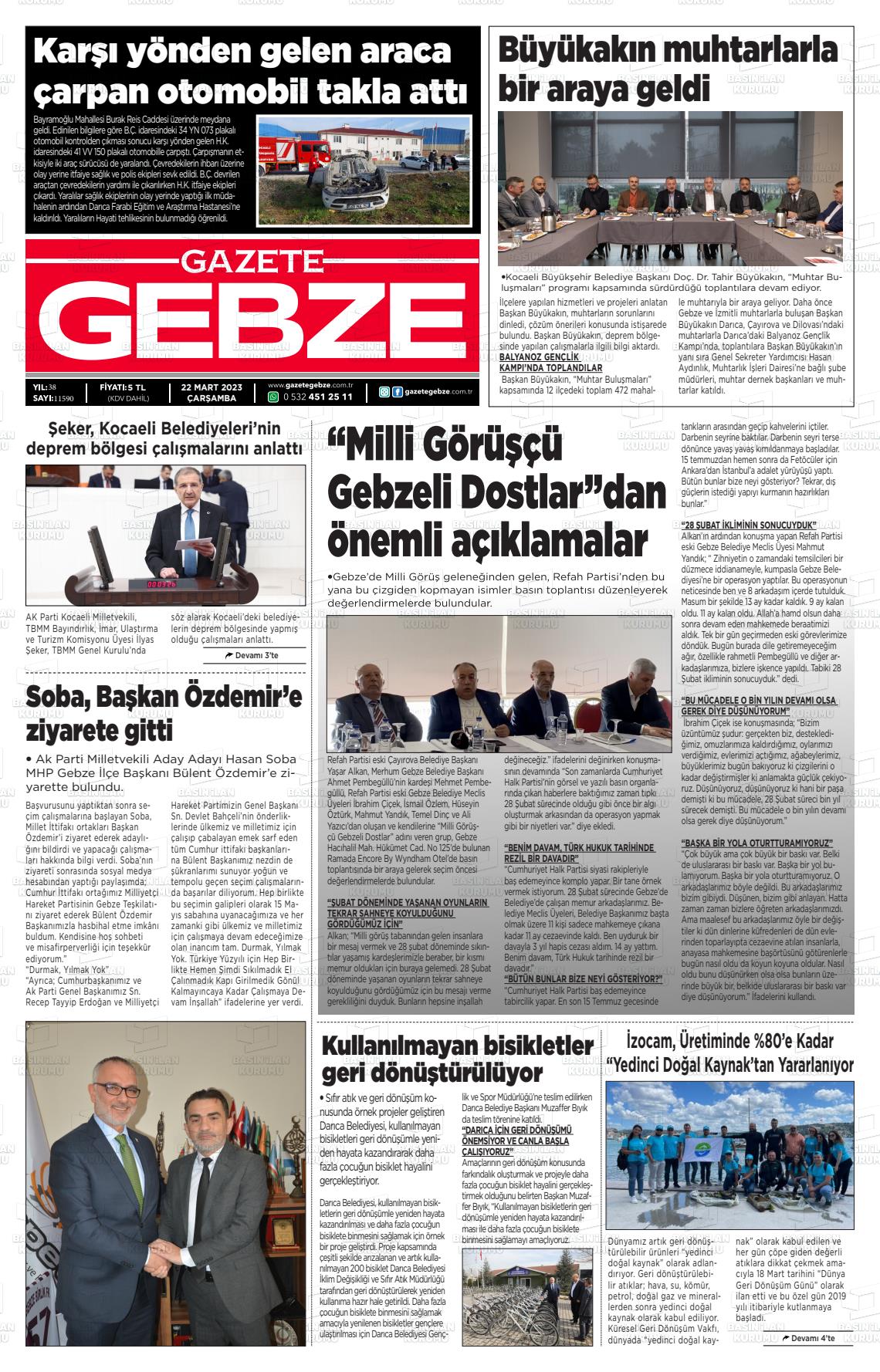 22 Mart 2023 Gebze Gazete Manşeti