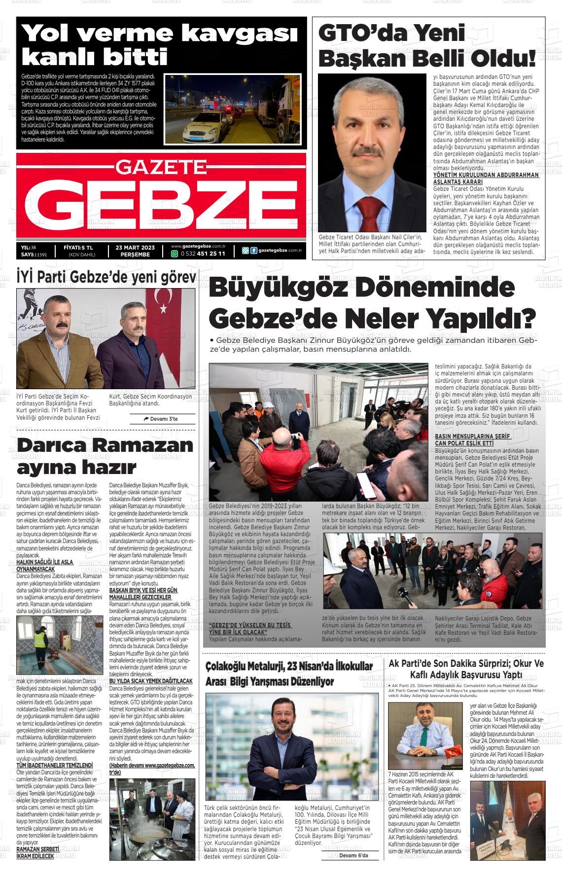 23 Mart 2023 Gebze Gazete Manşeti