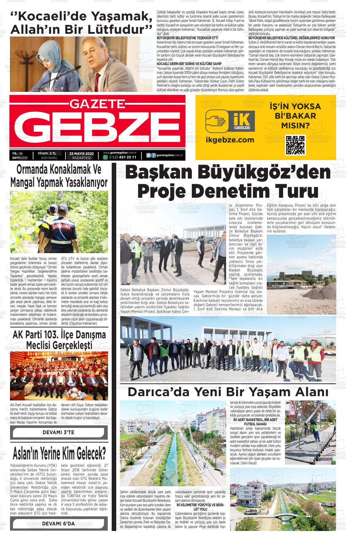 23 Mayıs 2022 Gebze Gazete Manşeti