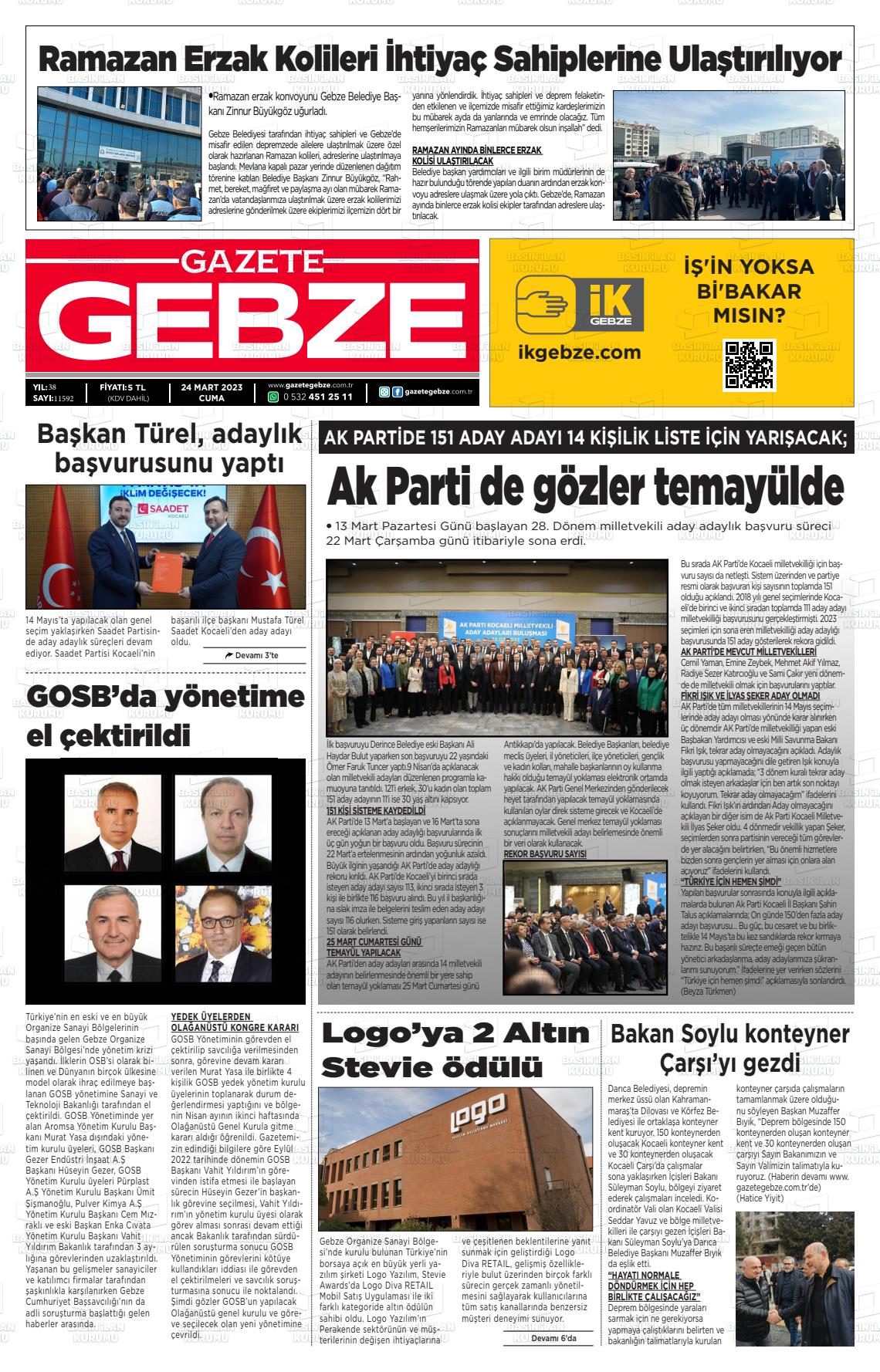 24 Mart 2023 Gebze Gazete Manşeti