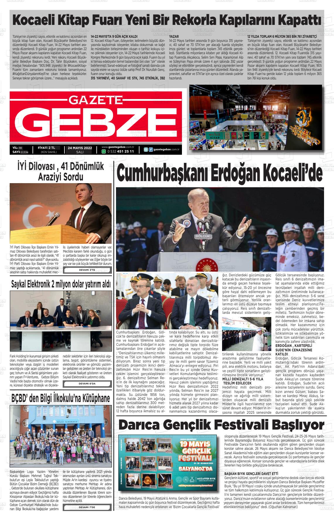24 Mayıs 2022 Gebze Gazete Manşeti