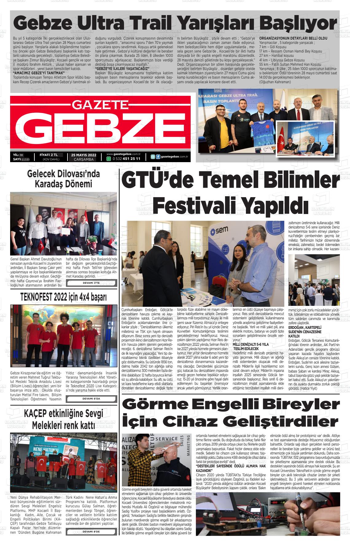 25 Mayıs 2022 Gebze Gazete Manşeti