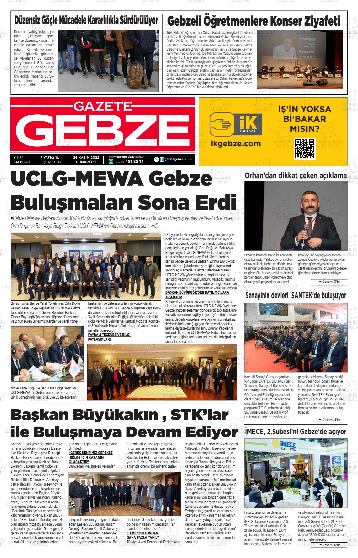 26 Kasım 2022 Gebze Gazete Manşeti