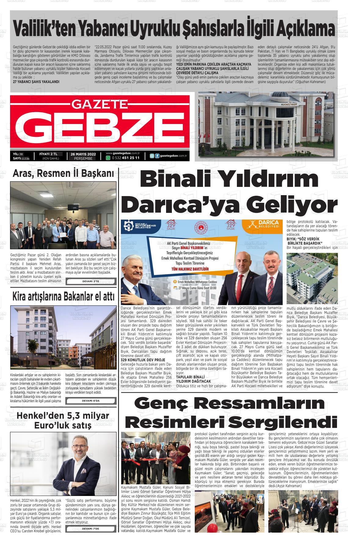 26 Mayıs 2022 Gebze Gazete Manşeti
