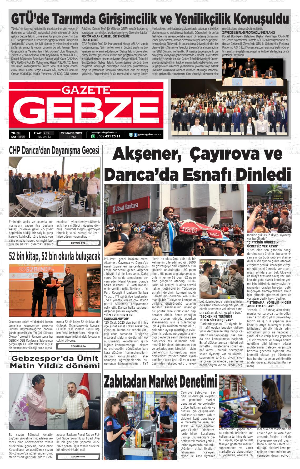 27 Mayıs 2022 Gebze Gazete Manşeti