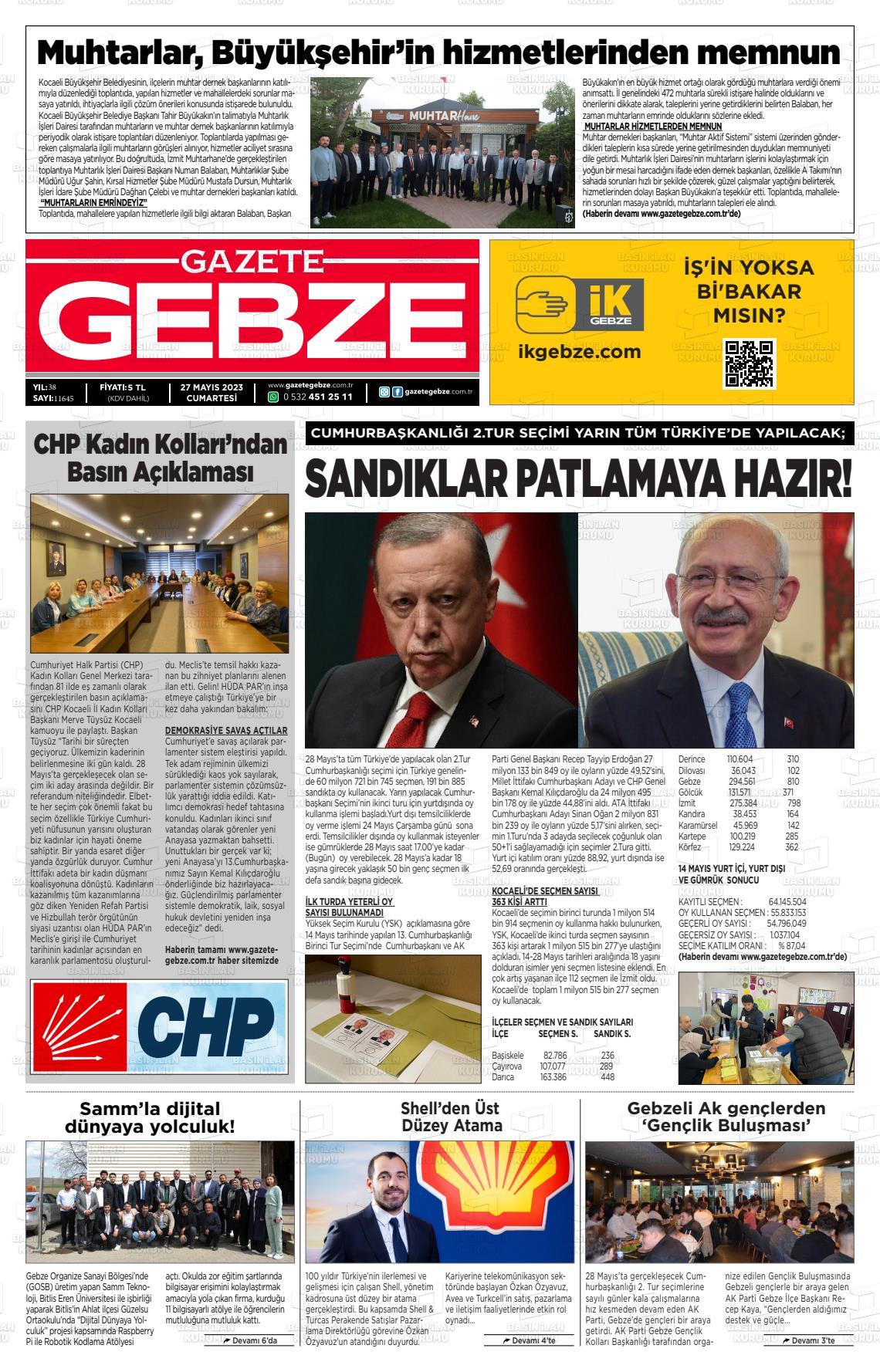 27 Mayıs 2023 Gebze Gazete Manşeti