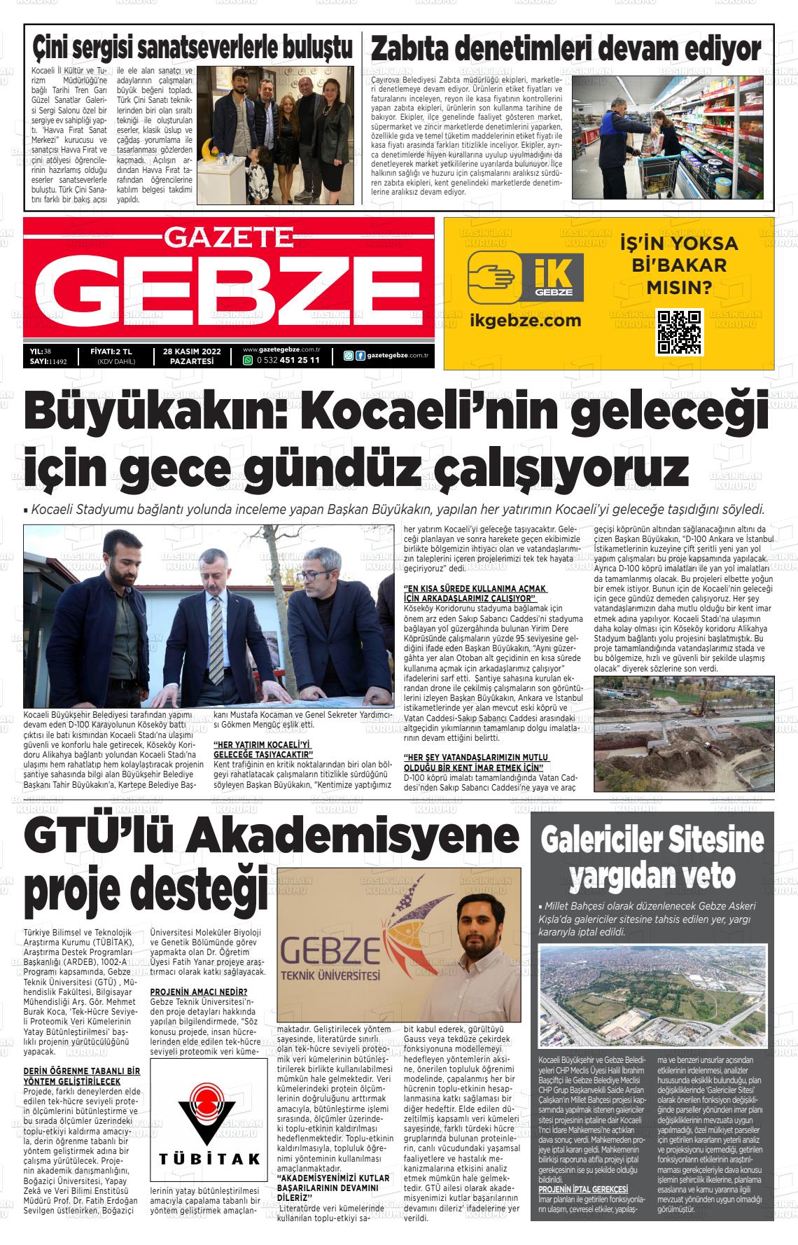 28 Kasım 2022 Gebze Gazete Manşeti