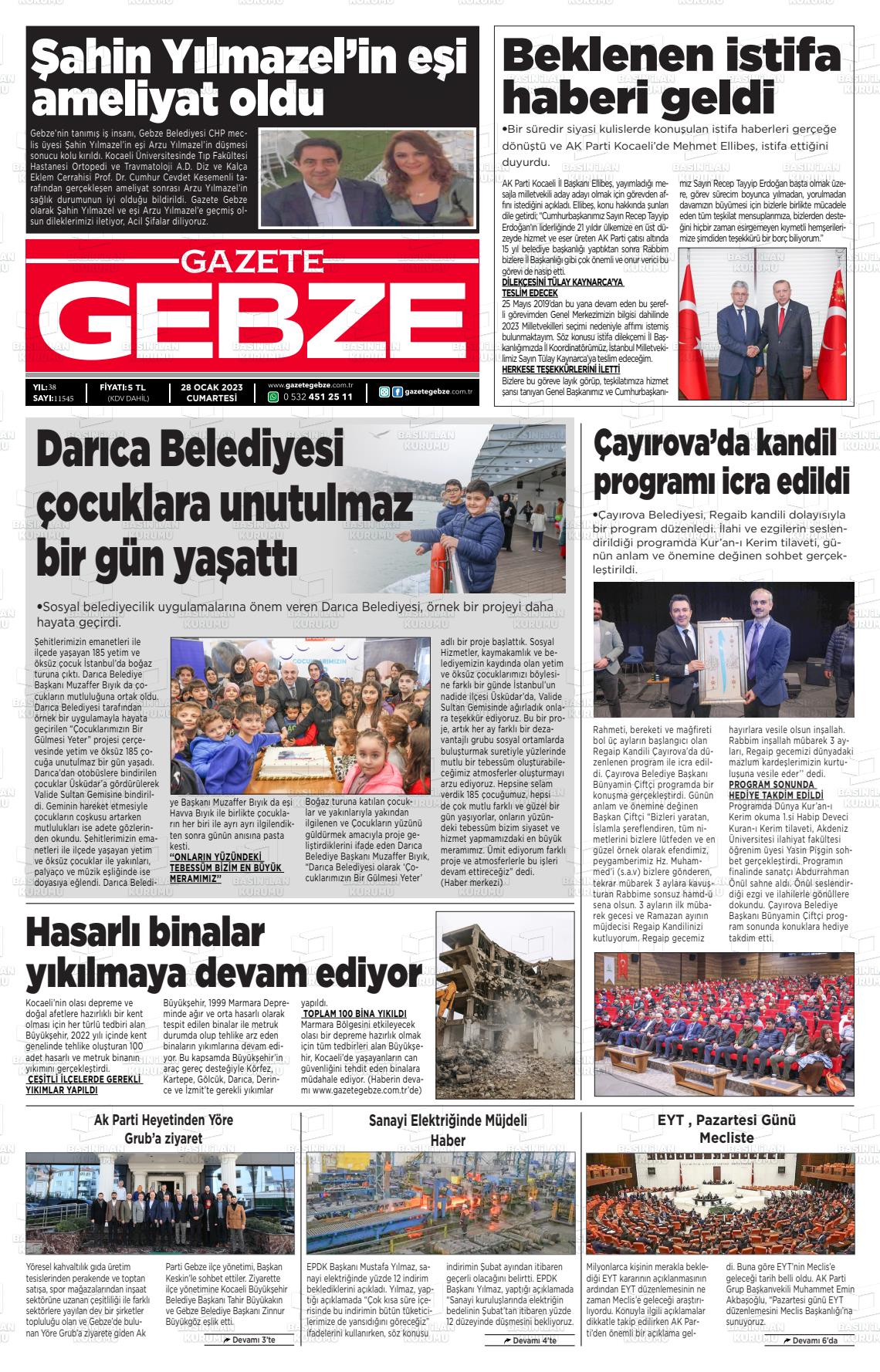 28 Ocak 2023 Gebze Gazete Manşeti