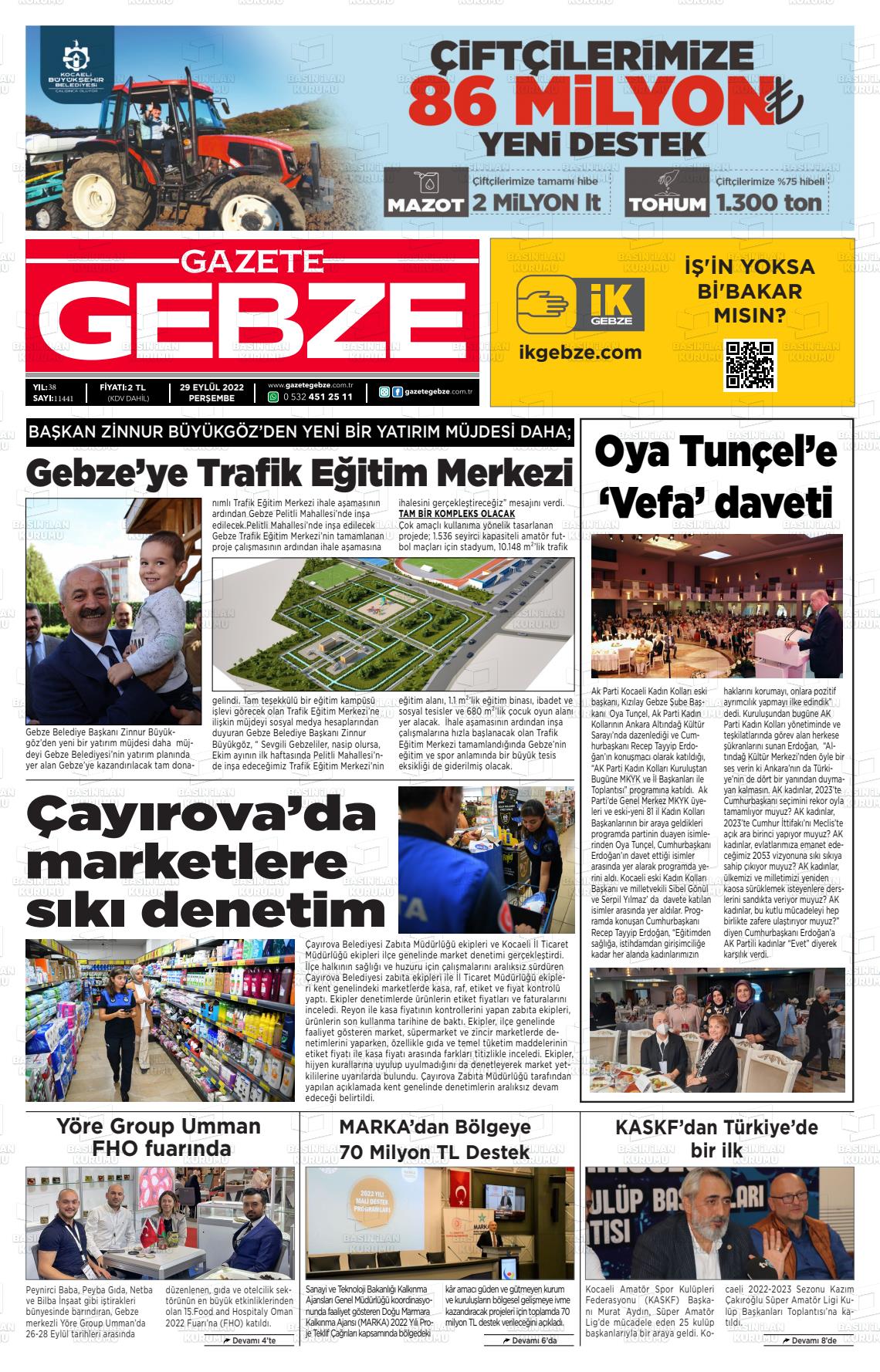 29 Eylül 2022 Gebze Gazete Manşeti