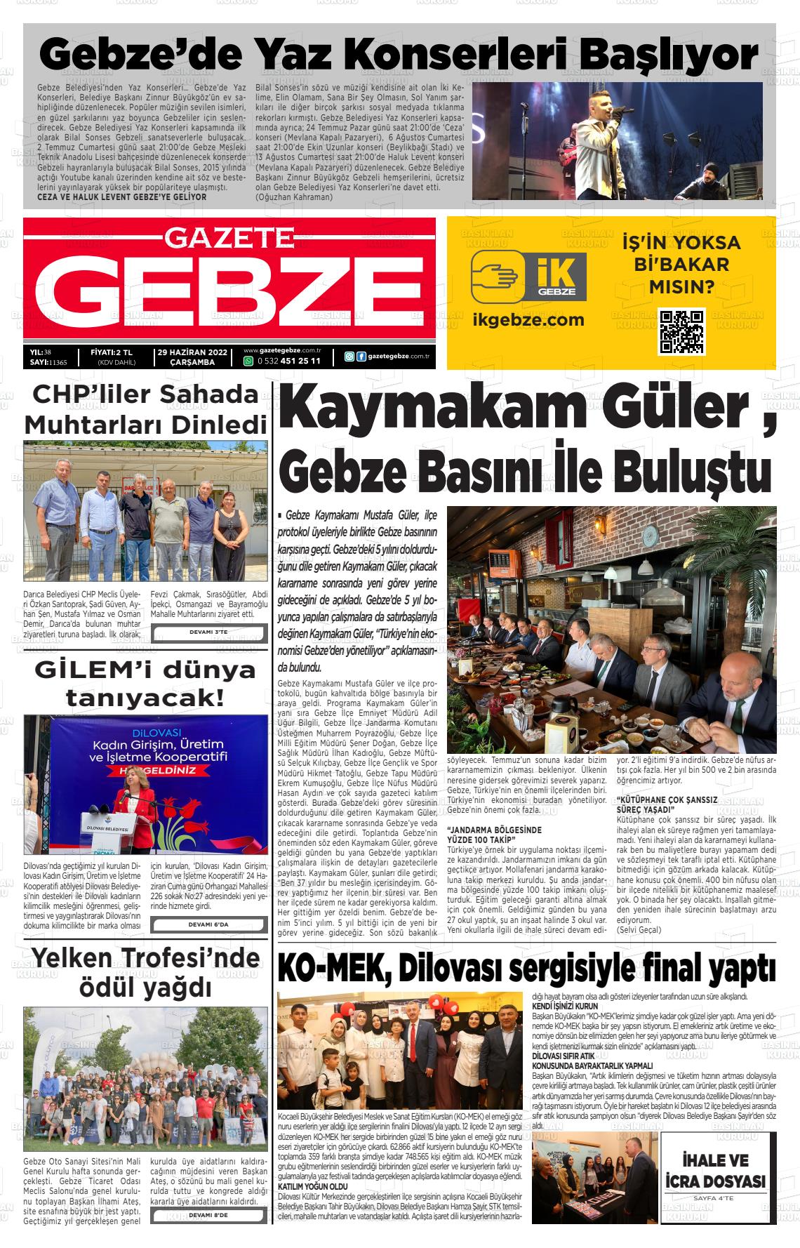 29 Haziran 2022 Gebze Gazete Manşeti