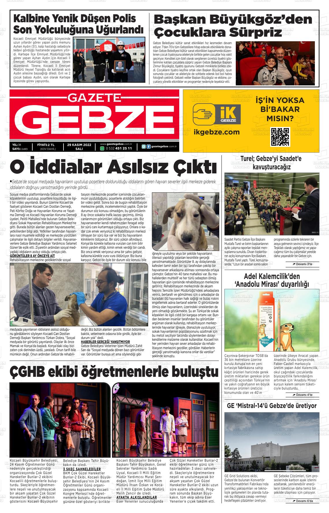 29 Kasım 2022 Gebze Gazete Manşeti
