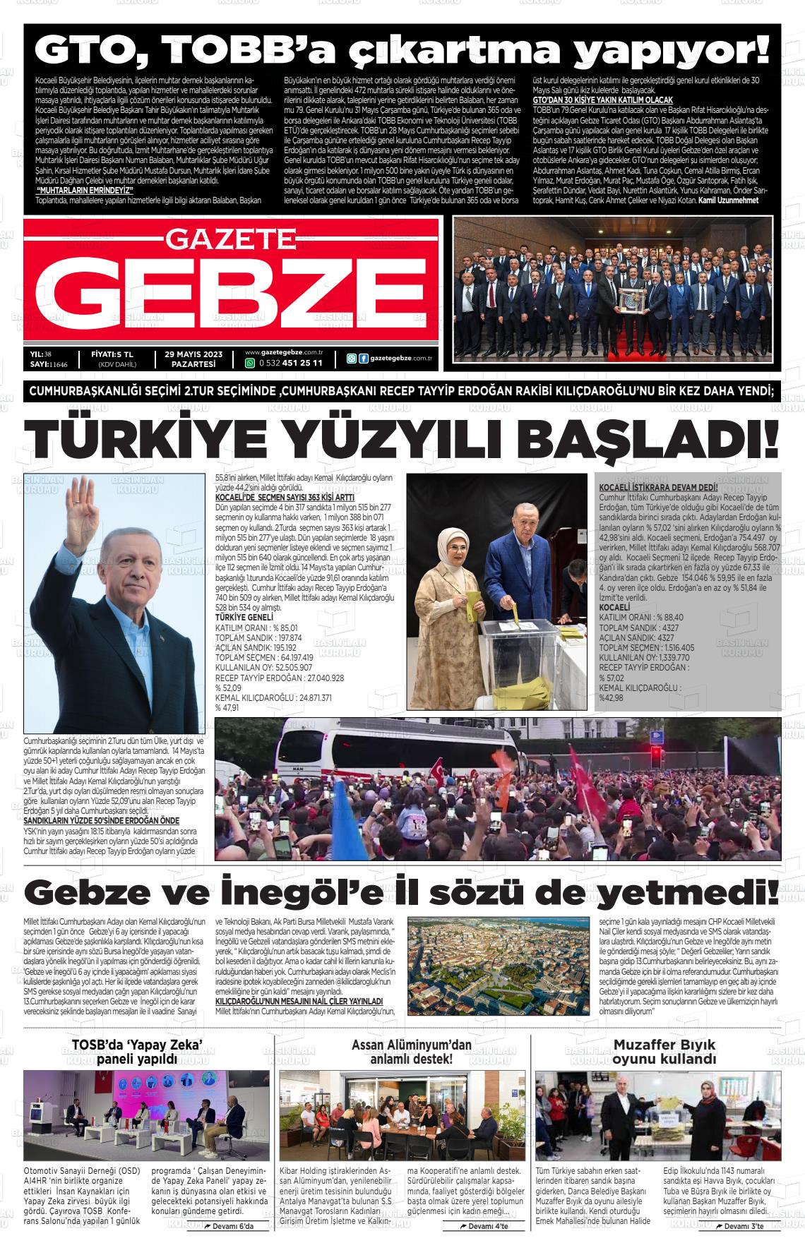 29 Mayıs 2023 Gebze Gazete Manşeti