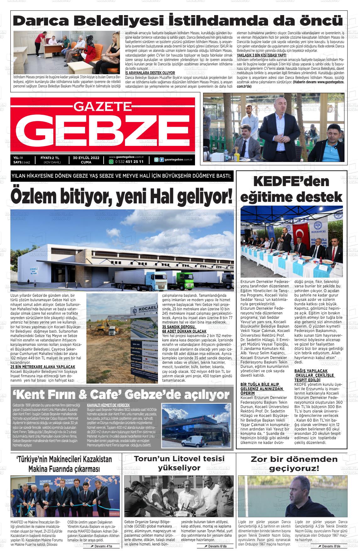 30 Eylül 2022 Gebze Gazete Manşeti