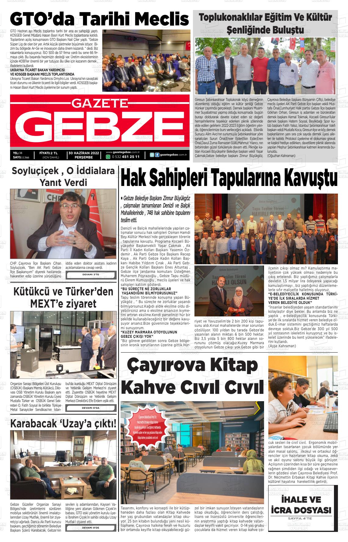 01 Temmuz 2022 Gebze Gazete Manşeti