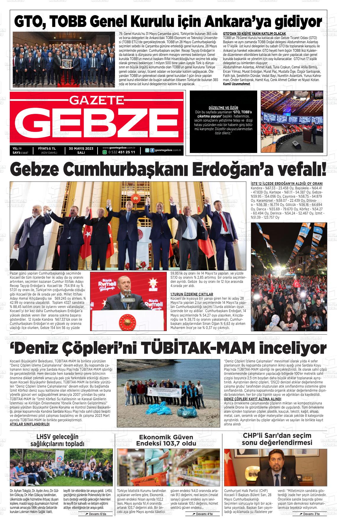 30 Mayıs 2023 Gebze Gazete Manşeti