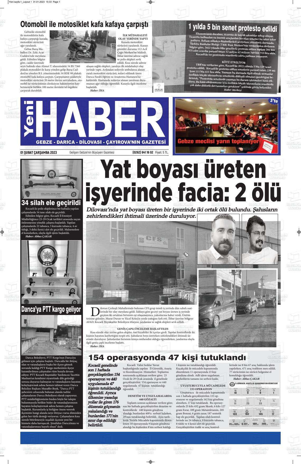 01 Şubat 2023 Gebze Haber Gazete Manşeti