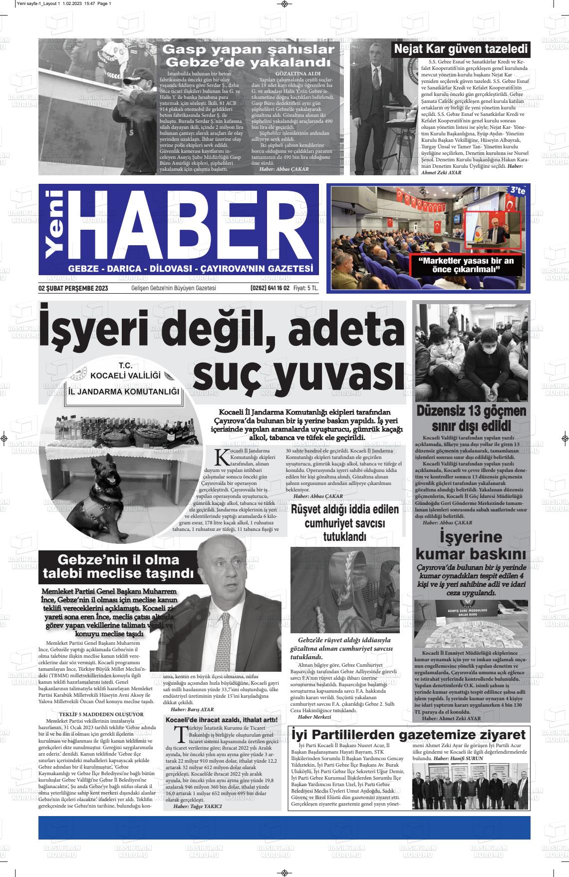 02 Şubat 2023 Gebze Haber Gazete Manşeti