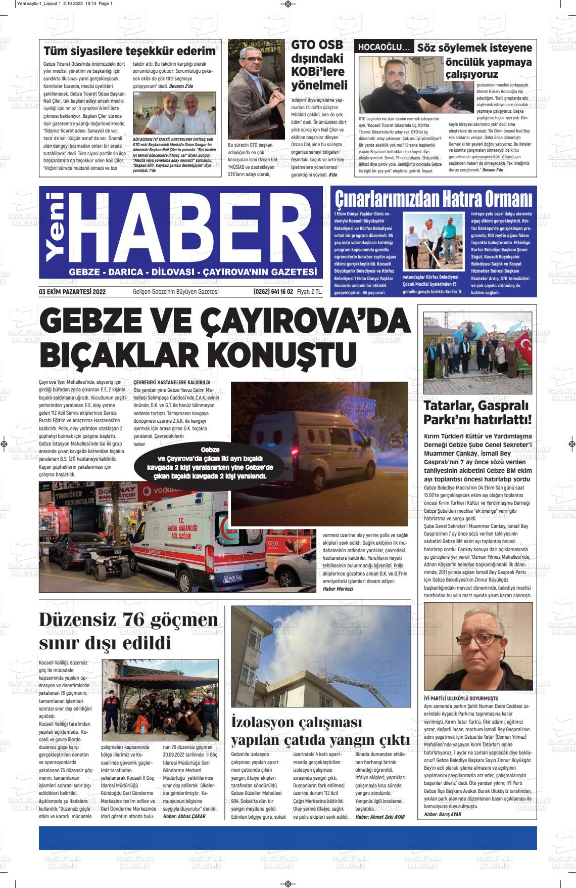 03 Ekim 2022 Gebze Haber Gazete Manşeti