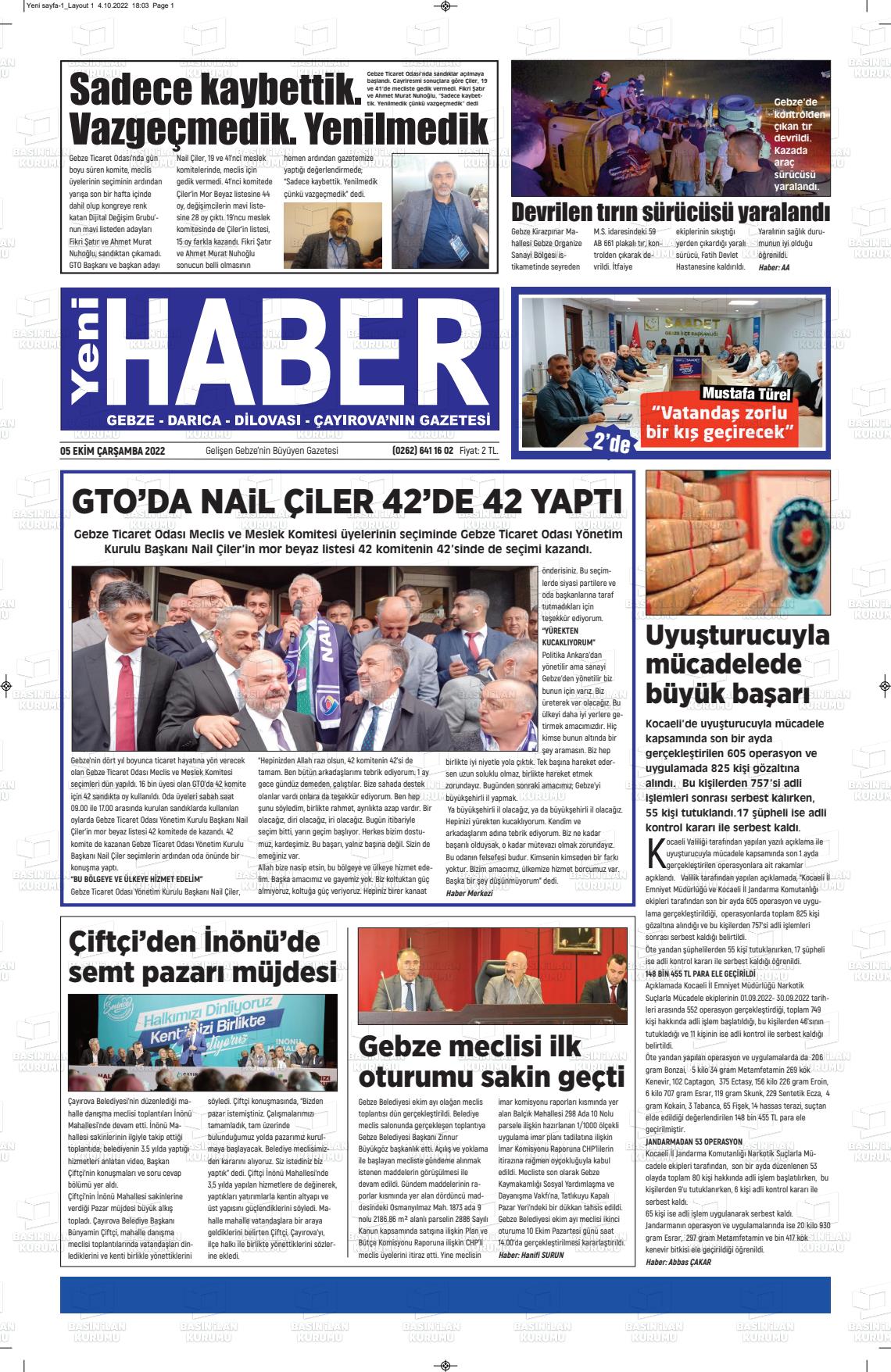 05 Ekim 2022 Gebze Haber Gazete Manşeti