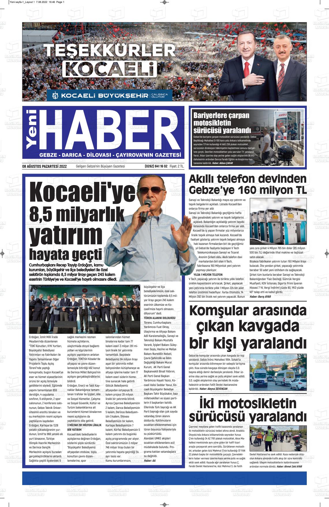 08 Ağustos 2022 Gebze Haber Gazete Manşeti