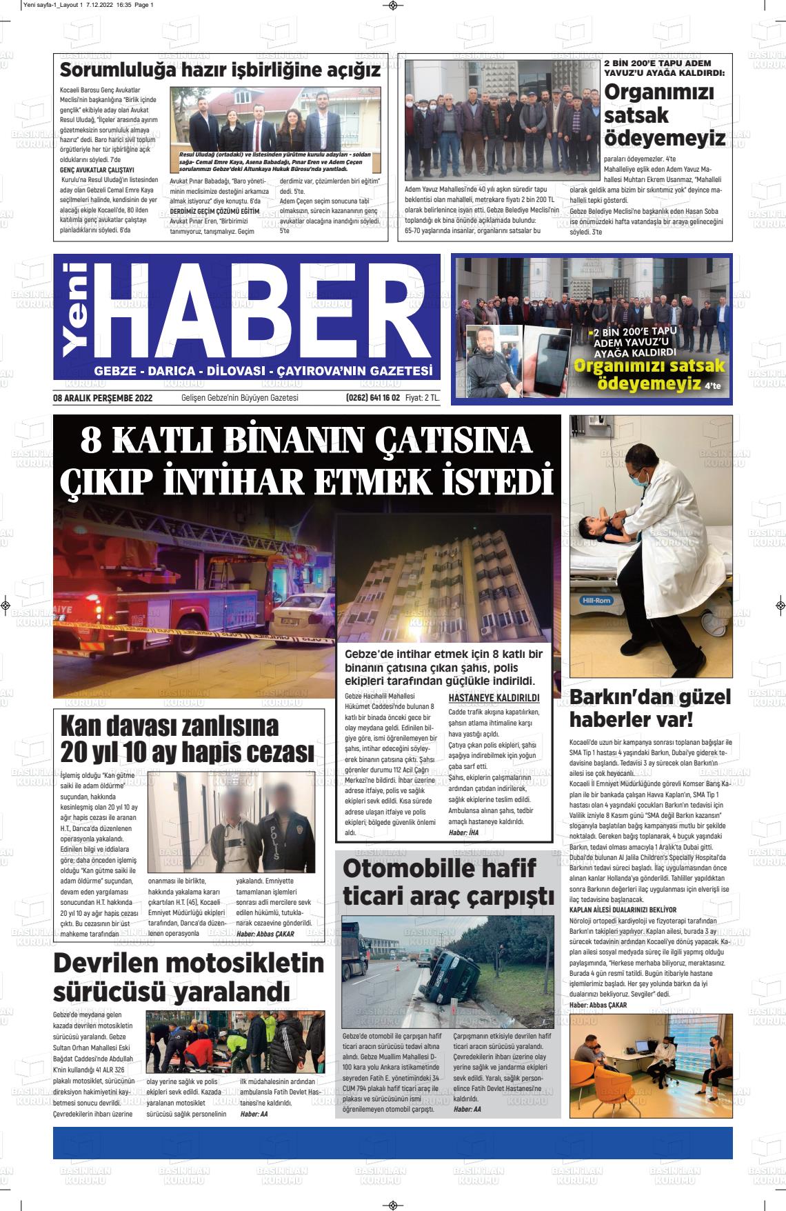 08 Aralık 2022 Gebze Haber Gazete Manşeti